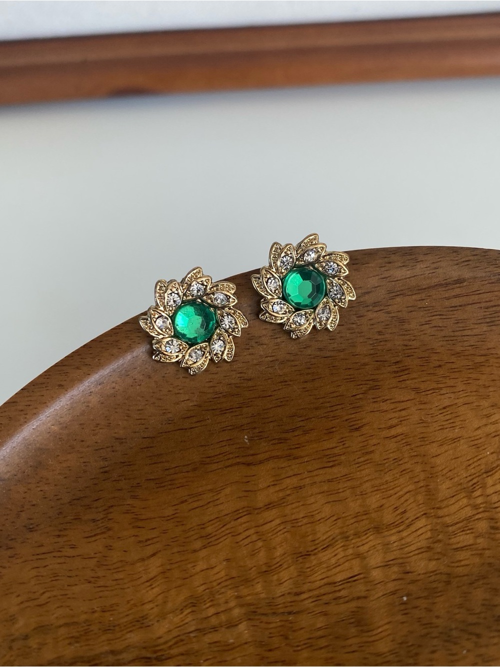4/$15 Gold Floral Stud Earrings with Emerald Green Crystals